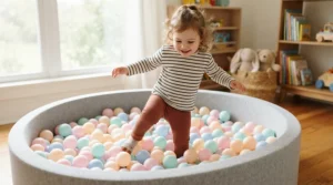 Demonstrating the low entry height of a ball pit pool for toddlers as a small child steps inside easily
