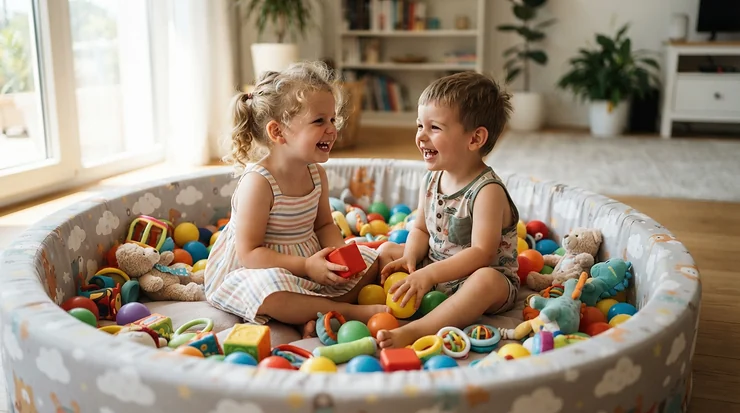 Two siblings sharing a spacious ball pit pool for toddlers during a playdate in a sunny nursery