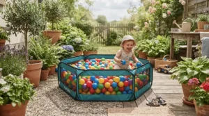 A portable ball pit pool for toddlers set up on a sunny patio for flexible indoor-outdoor play