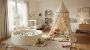 Comparing a ball pit pool for toddlers with an enclosed fabric play tent in a nursery setting
