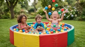 A colourful ball pit pool set up on a green garden lawn for outdoor children's playtime