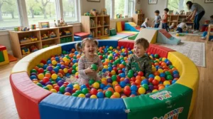 A large ball pit pool filled with colourful balls inside a dedicated home playroom