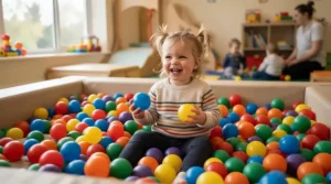 A toddler engaged in sensory play inside a soft foam ball pit pool