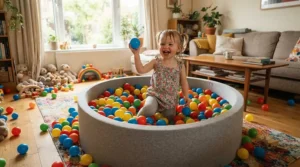 A ready-to-use ball pit pool with balls included, sitting in a bright family living room
