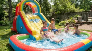 Brightly coloured paddling pool with slide filled with splashing water during a warm summer weekend.