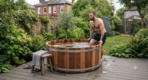 Wooden cedar barrel cold water plunge tub on a patio deck in the UK.