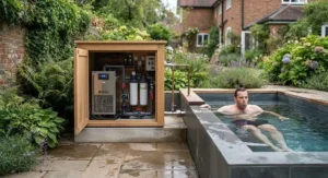 Efficient water chiller and filtration system connected to a garden cold water plunge pool.