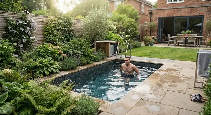 Modern cold water plunge pool installed in a contemporary British back garden. cold water plunge pools