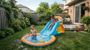 A compact paddling pool with slide designed to fit comfortably in a smaller urban back garden.