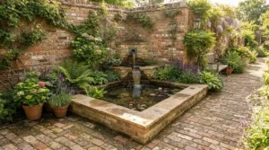 A space-saving compact plunge pool for patio corners tucked neatly beside a brick exterior wall.