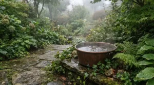 A heated compact plunge pool for patio use surrounded by lush green ferns and hostas.
