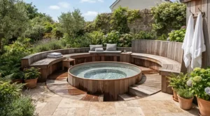 A semi-sunken compact plunge pool for patio landscaping paired with built-in wooden benches.