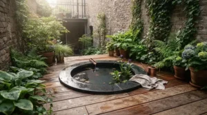A compact plunge pool for patio installation in a modern London townhouse garden with timber decking.