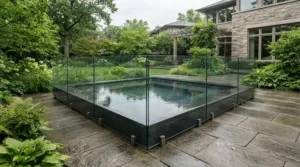 A luxury compact plunge pool for patio settings featuring clear glass fencing for safety.