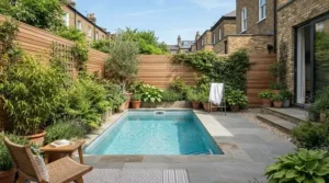 A small compact plunge pool fitted neatly into a paved London terraced garden with seating