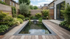 A sleek modern townhouse courtyard transformed by compact plunge pools built into stone paving