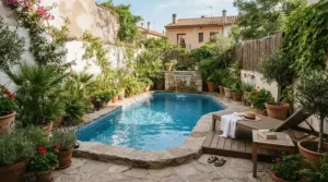 A compact swim current pool fitted neatly into a modest British patio garden during summer