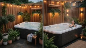 Counter-current swim unit nestled in a modest townhouse lawn