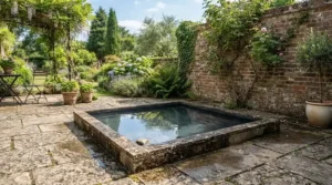 A heated compact plunge pool surrounded by patio paving in a British terraced house garden