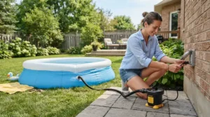 Quick setup of a paddling pool and pump bundle using a high speed electric inflator