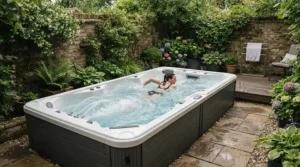 A compact exercise pool for a small garden with integrated swim jets and modern patio paving