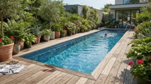 An exercise pool for a small garden sunken seamlessly into raised timber decking with surrounding planters