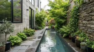 A narrow exercise pool for a small garden designed to fit snugly alongside a contemporary townhouse