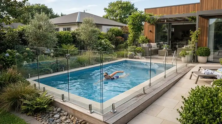 An exercise pool for a small garden enclosed by a sleek glass balustrade for safety and style