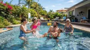 Children playing safely in a shallow end while adults use the swim current pool