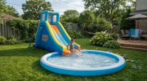A family paddling pool with slide positioned on a neatly mown lawn next to a paved patio.