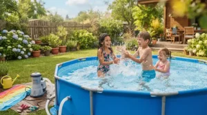 Family enjoying a paddling pool and pump bundle package in a typical British back garden