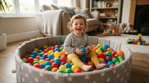 Toddler sitting happily inside foldable ball pit pools in a modern British living room