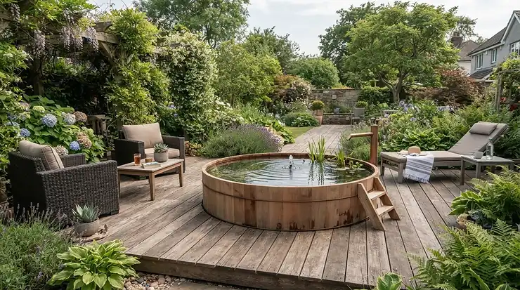 Above ground swim current pool integrated seamlessly with wooden decking in a suburban yard