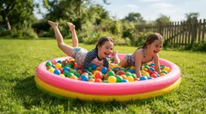 Kids enjoying outdoor ball pit pools on a sunny afternoon in the back garden