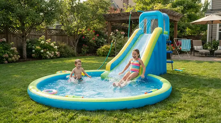 Outdoor garden play structures including a paddling pool with slide ready for summer holiday fun.