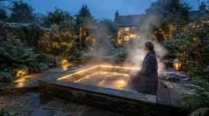 Steaming water in a heated compact plunge pool during a crisp winter evening in the UK