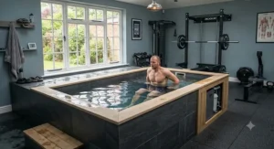 Custom indoor cold water plunge pool set up inside a UK home gym.