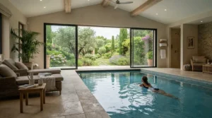 An indoor swim current pool located inside a contemporary glass house extension