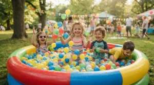 Children playing in colourful inflatable ball pit pools set up for a birthday party in a back garden
