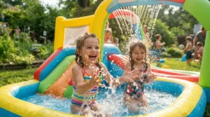 An inflatable paddling pool with slide featuring a built-in overhead sprinkler spraying water for kids.