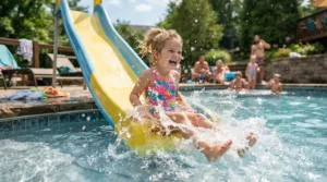 Two young children laughing as they slide down into a shallow paddling pool with slide.