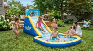 Infographic style illustration showing age suitability for a kids pool with slide in a back garden
