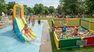 Brightly coloured kids pool with slide filled with water next to a colourful ball pit on patio grass