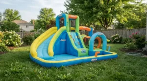 Freshly inflated kids pool with slide ready for playtime on a green lawn