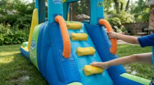 Close-up detail of soft steps and safe side rails on a kids pool with slide outdoors