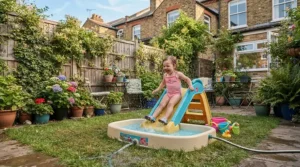 Compact kids pool with slide fitting neatly into a small terraced back garden in the UK