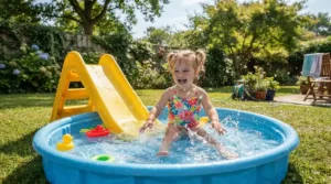 A happy toddler splashing in a bright kids pool with slide set up on a British lawn