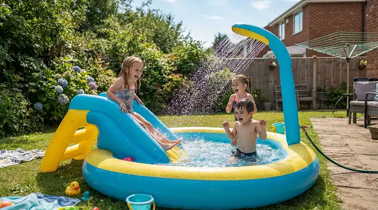 Kids pool with slide featuring a fun overhead water sprinkler arch in the garden