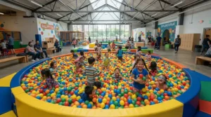 Large ball pit pools hired out for a lively children's birthday party in a community hall