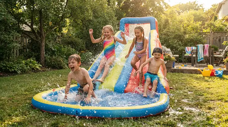 Older kids having fun in a large pool with slide for older kids installed on lawn.
